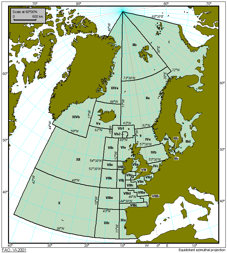 overzicht van de verschillende visgebieden in de Noordzee en de Noordoost-Atlantische Oceaan