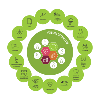 Thema's en waarden: buitenste ring: voedselbewegingen, gastronomie, consument, landbouw, cultuur, jeugd en media, lokale en provinciale besturen, grondstoffen, gezondheid, sociale uitdagingen, internationele samenwerkinge, wetenschappelijk onderzoek, omgeving, innovatie en beleid. Binnenste cirkel: Voedselcoalitie: Circulair en duurzaam ondernemen voor de toekomst,, Gezonde en duurzame voeding voor iedereen, Voedsel verbindt boer en burger en Voluit voor een veerkrachtige voedseleconomie