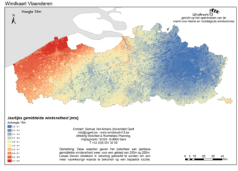 Figuur 1 Gemiddelde jaarlijkse windsnelheid op 15 m in Vlaanderen Bron Windkracht13.png