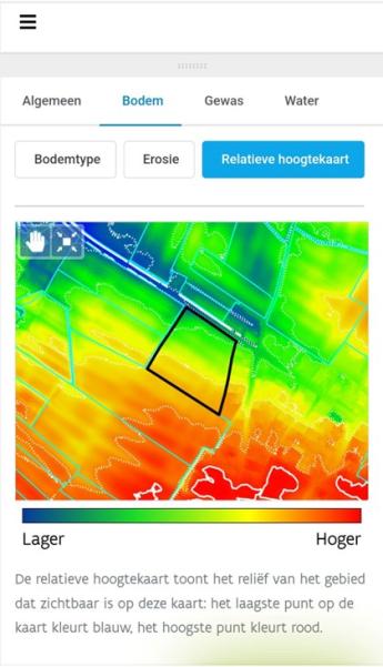 Bodempaspoort: hoogtekaart - de relatieve hoogtekaart toont het reliëf van het gebied dat zichtbaar is op deze kaart: het laagste punt op de kaart kleurt blauw, het hoogste punt kleurt rood.