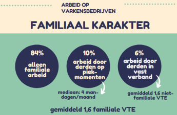 ARBEID OP VARKENSBEDRIJVEN FAMILIAAL KARAKTER  84%: Alleen familiale arbeid 10%: Arbeid door derden op piekmomenten Mediaan: 4 mandagen/maand 6%: Arbeid door derden in vast verband Gemiddeld 1,6 niet-familiale VTE Gemiddeld 1,6 familiale VTE