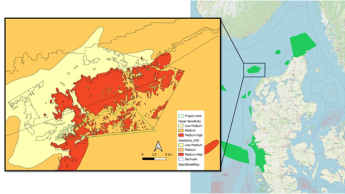 Overzicht van het studiegebied. Rechts kaart met de Deense Natura2000 gebieden in het groen. Links Gule rev met de Ospar bodemgevoeligheidskaart.