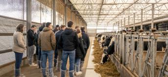 Landbouwers op een studiedag in een stal